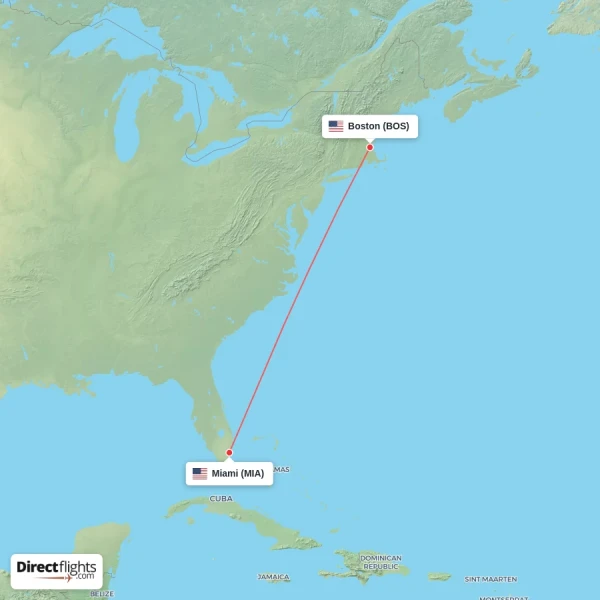 Miami - Boston direct flight map