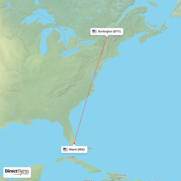 Miami - Burlington direct flight map