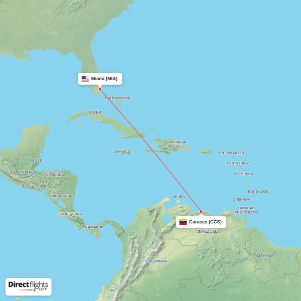 Miami - Caracas direct flight map