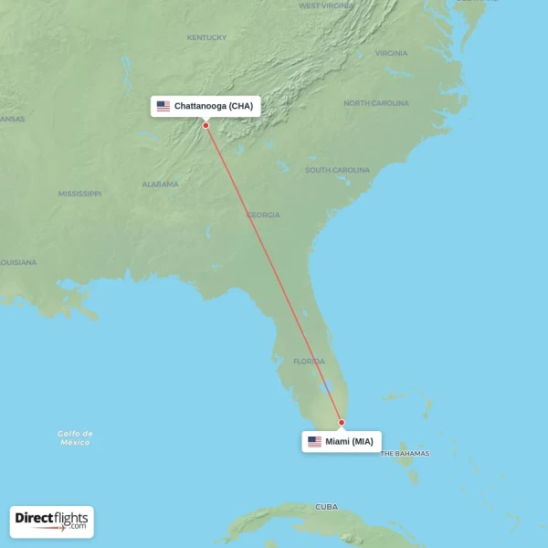 Miami - Chattanooga direct flight map
