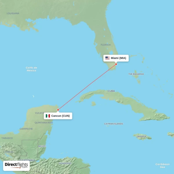 Miami - Cancun direct flight map