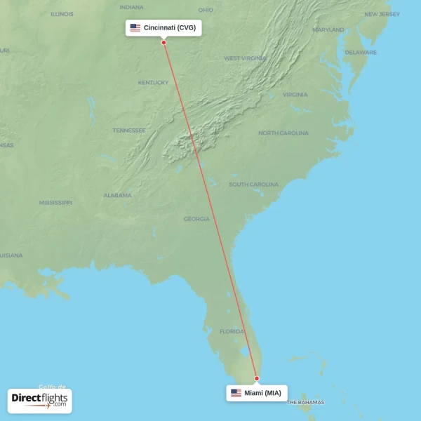 Miami - Cincinnati direct flight map
