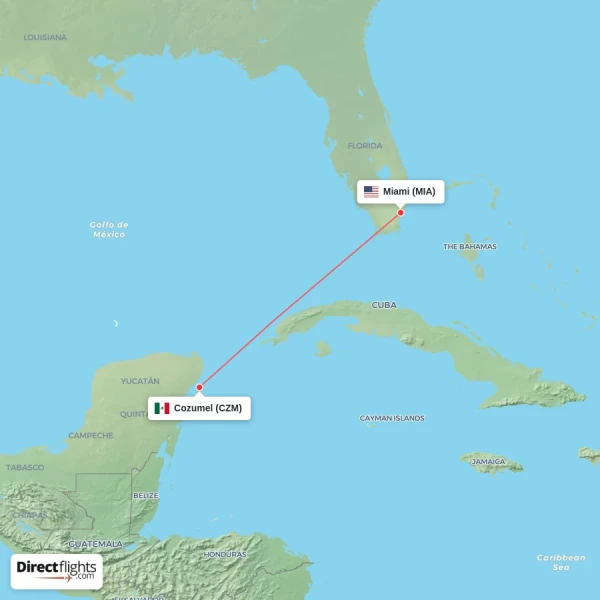 Miami - Cozumel direct flight map