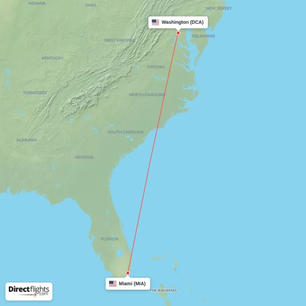 Miami - Washington direct flight map