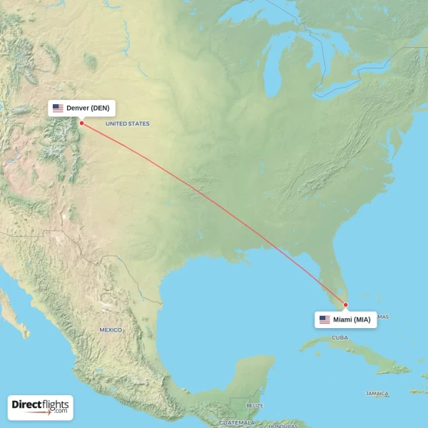 Miami - Denver direct flight map
