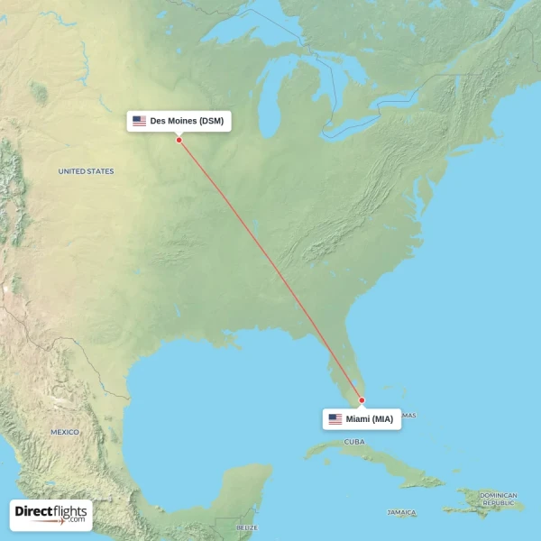 Miami - Des Moines direct flight map