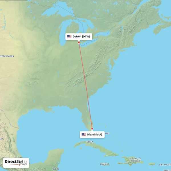Miami - Detroit direct flight map