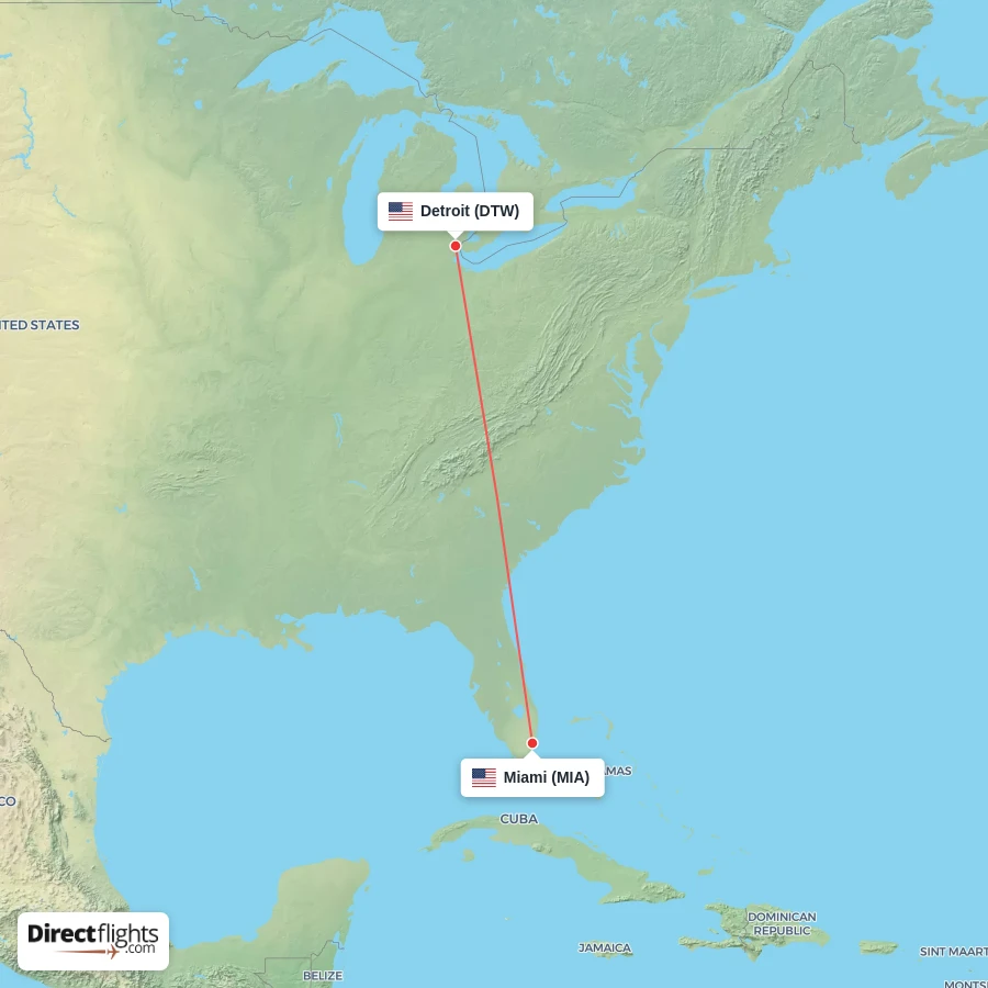 MIA - DTW route map