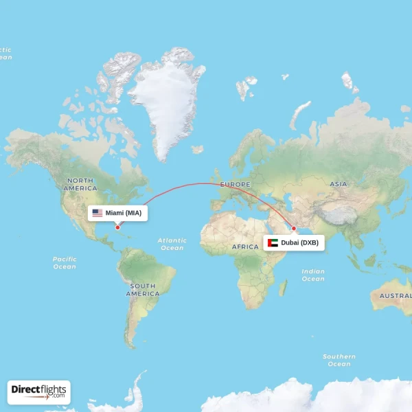 Miami - Dubai direct flight map