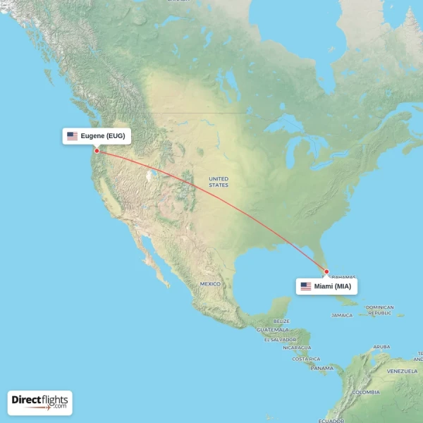 Miami - Eugene direct flight map