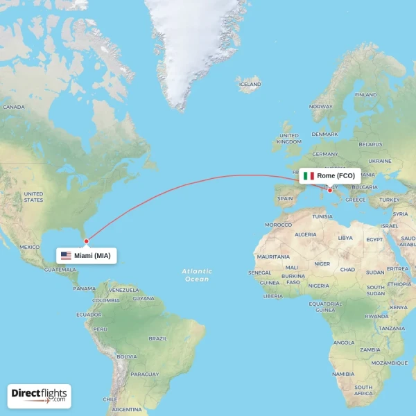 Miami - Rome direct flight map