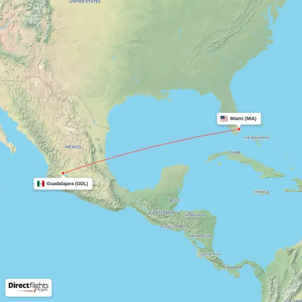 Miami - Guadalajara direct flight map