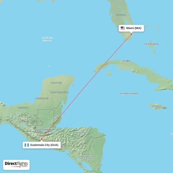 Miami - Guatemala City direct flight map