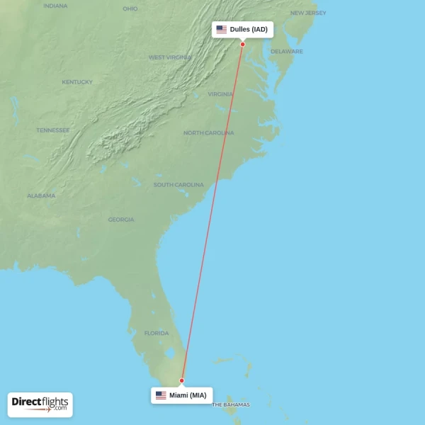 Miami - Dulles direct flight map