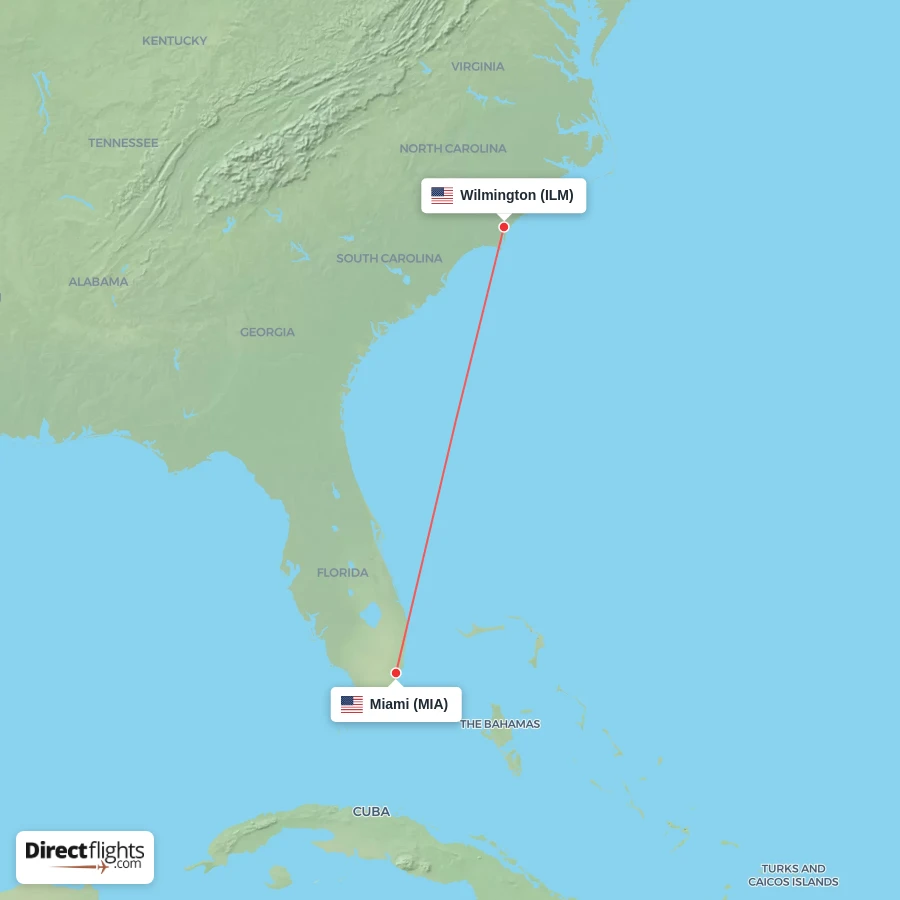 MIA - ILM route map