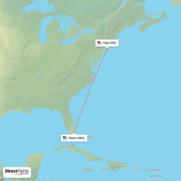 Miami - Islip direct flight map