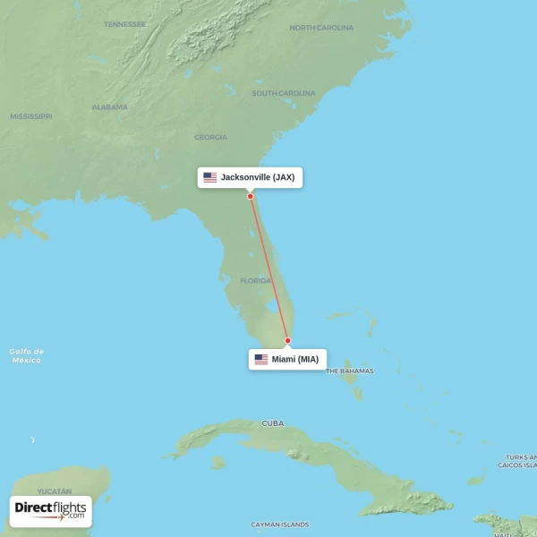 Miami - Jacksonville direct flight map