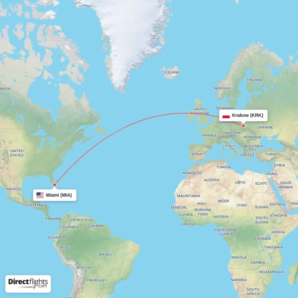 Miami - Krakow direct flight map