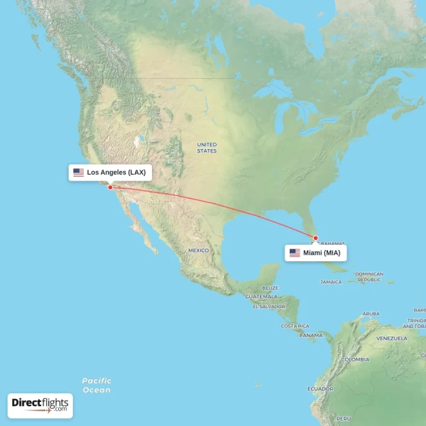 Miami - Los Angeles direct flight map