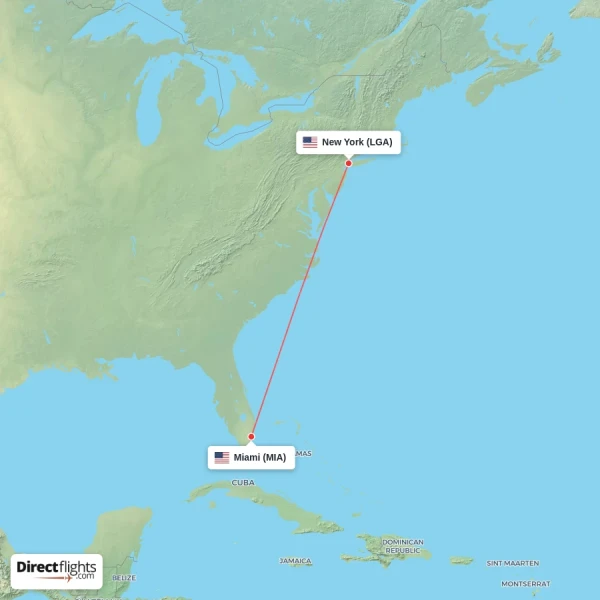 Miami - New York direct flight map