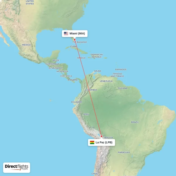 Miami - La Paz direct flight map