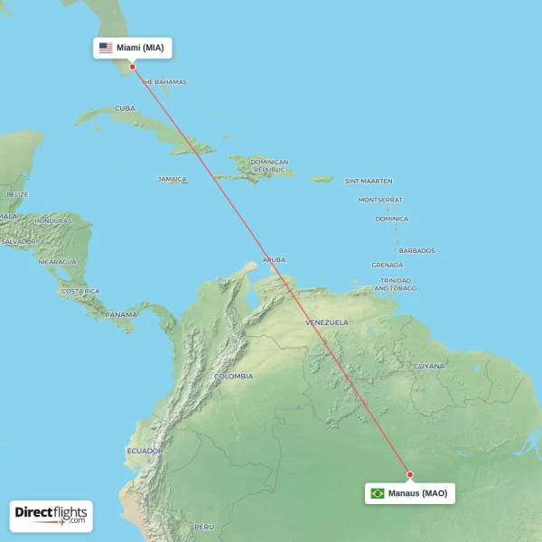 Miami - Manaus direct flight map
