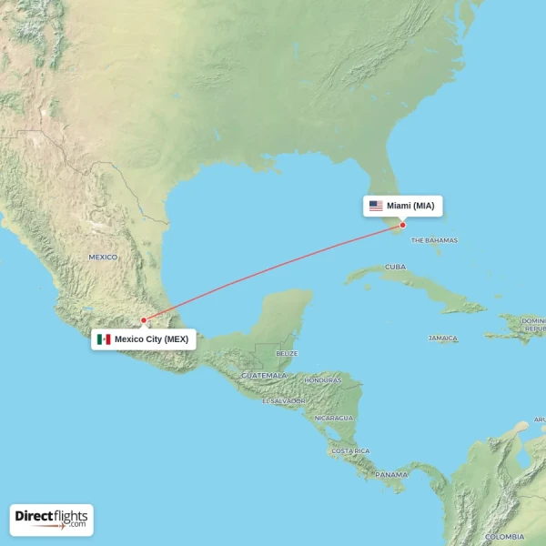 Miami - Mexico City direct flight map