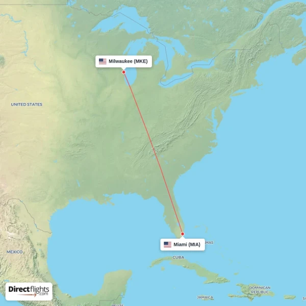 Miami - Milwaukee direct flight map