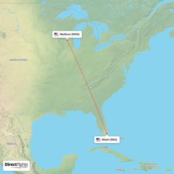 Miami - Madison direct flight map