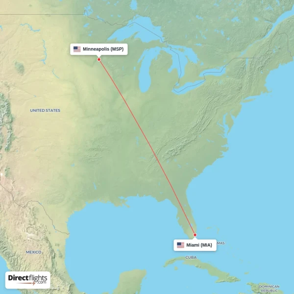 Miami - Minneapolis direct flight map