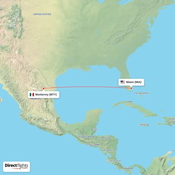 Miami - Monterrey direct flight map