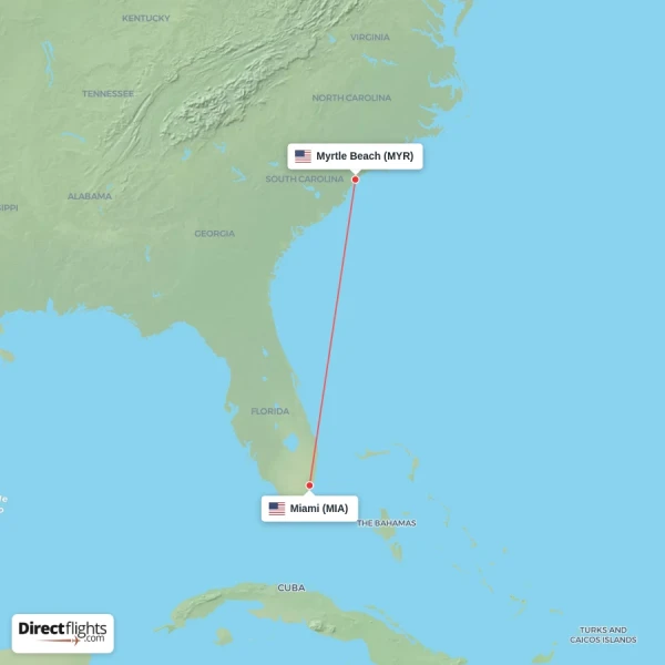 Miami - Myrtle Beach direct flight map