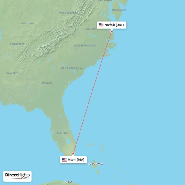 Miami - Norfolk direct flight map