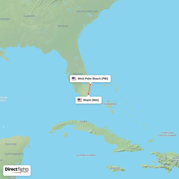 Miami - West Palm Beach direct flight map