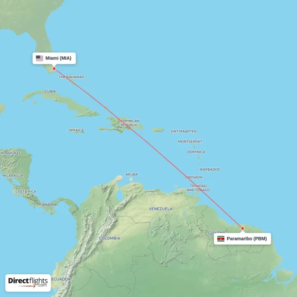 Miami - Paramaribo direct flight map