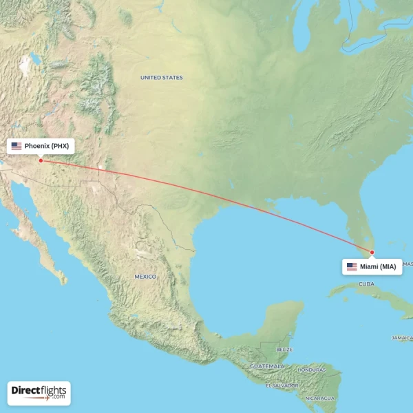 Miami - Phoenix direct flight map