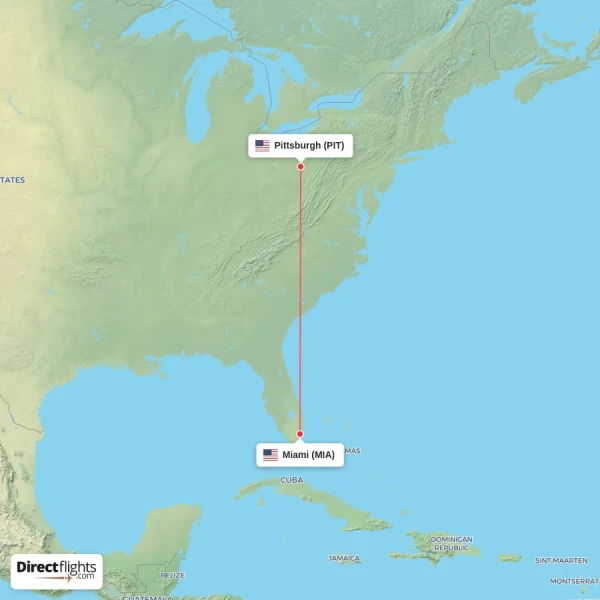 Miami - Pittsburgh direct flight map