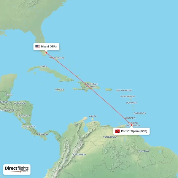 Miami - Port Of Spain direct flight map