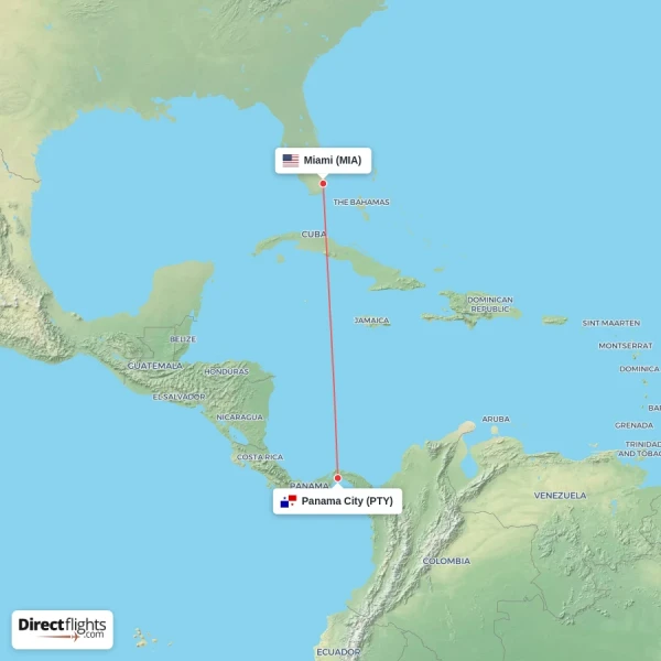 Miami - Panama City direct flight map