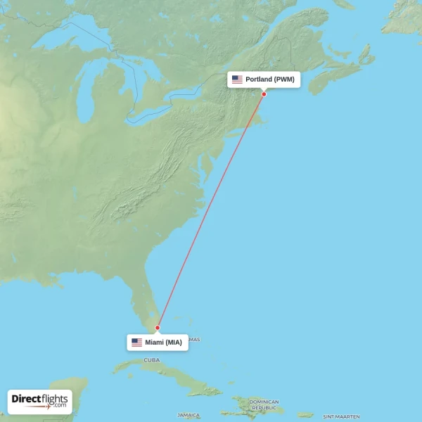Miami - Portland direct flight map