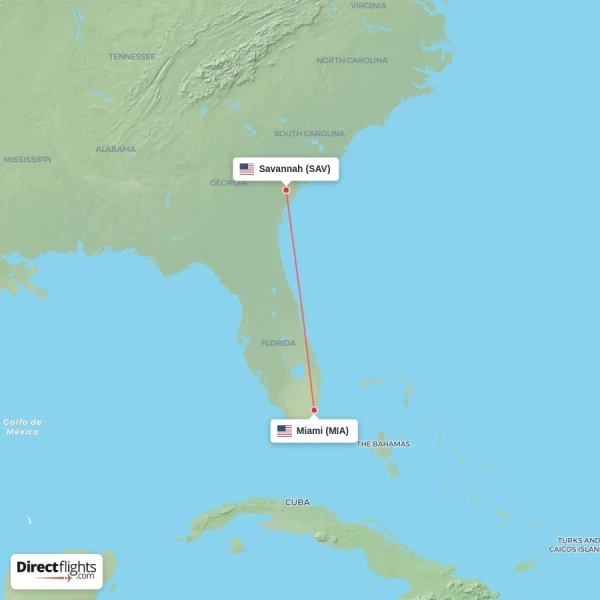 Miami - Savannah direct flight map