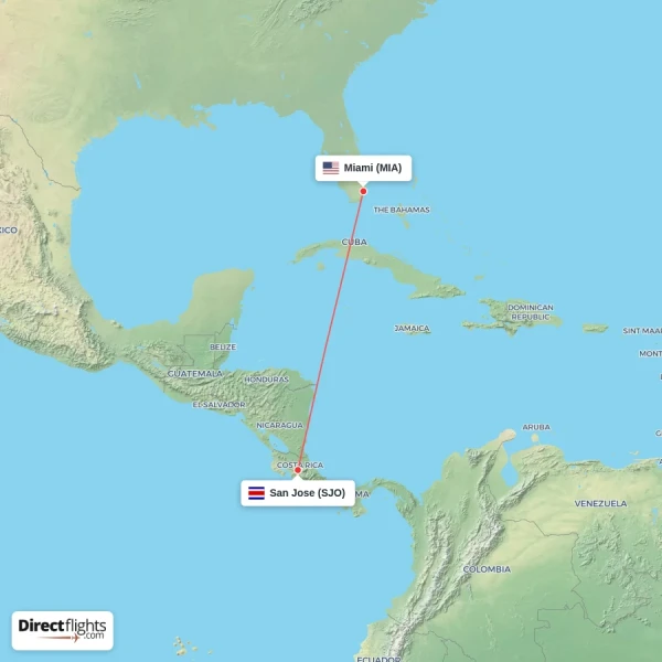 Miami - San Jose direct flight map