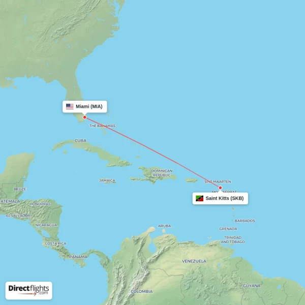 Miami - Saint Kitts direct flight map