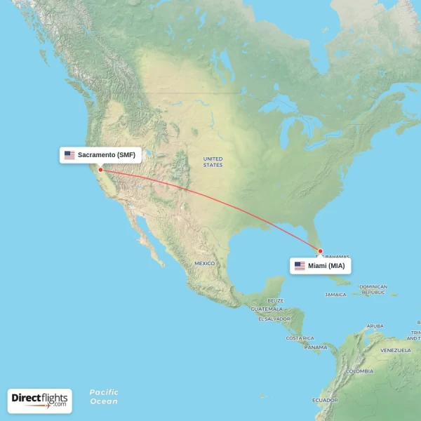 Miami - Sacramento direct flight map
