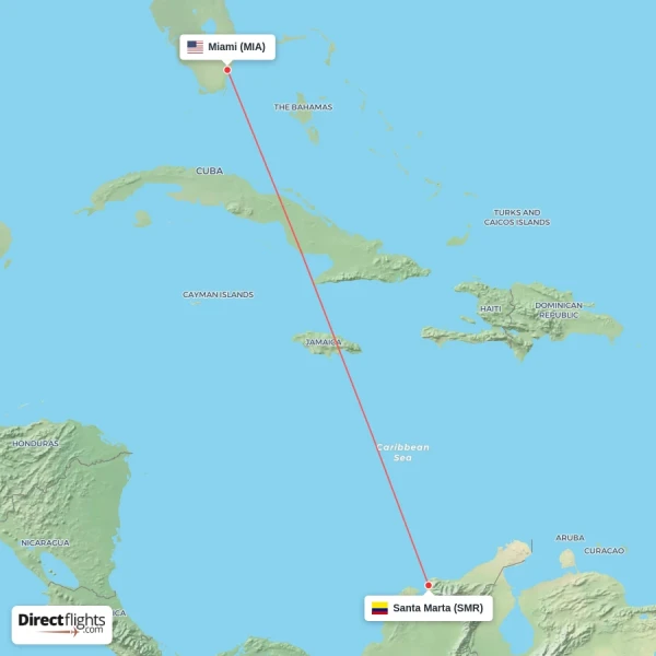 Miami - Santa Marta direct flight map