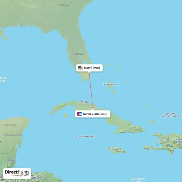 Miami - Santa Clara direct flight map