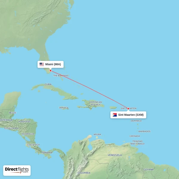 Miami - Sint Maarten direct flight map