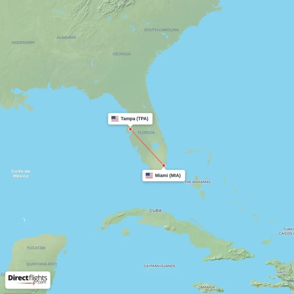 Miami - Tampa direct flight map
