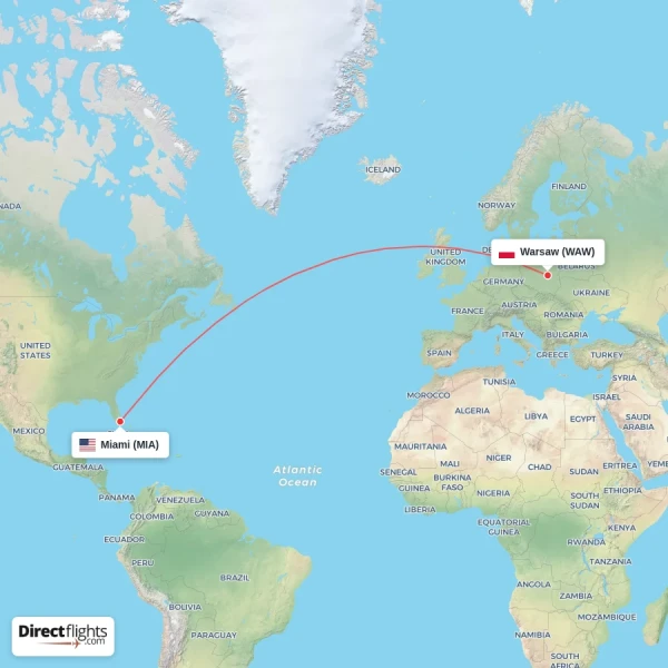 Miami - Warsaw direct flight map
