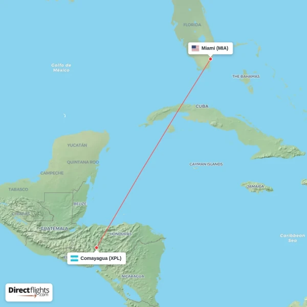Miami - Comayagua direct flight map